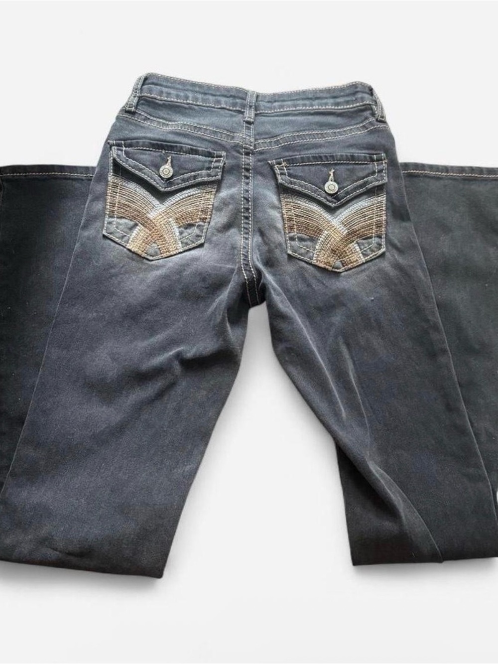 Women’s Boot Cut Jeans in Dark Gray with Embroidered Back Pockets